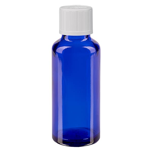 Frasco de farmacia azul, 30 ml, tapón cuentagotas blanco, con seguro para niños, estándar