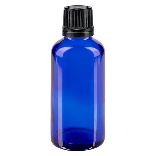 Frasco de farmacia azul, 50 ml, tapón cuentagotas premium negro, 1 mm, con precinto de originalidad