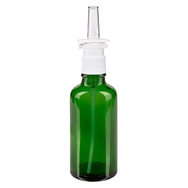 Frasco de vidrio verde de 50 ml con espray nasal blanco