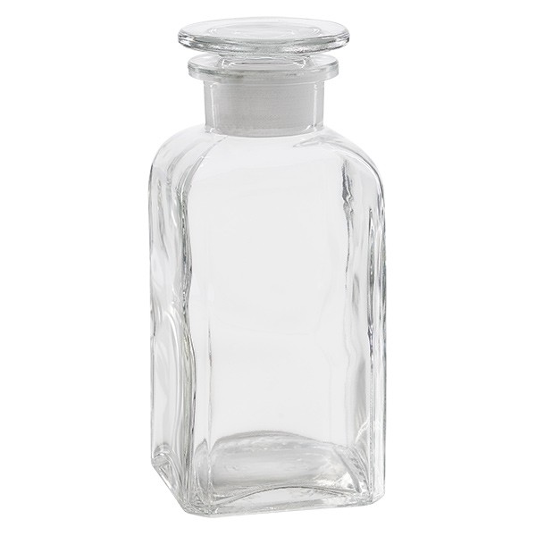 Frasco de farmacia cuadrado de 350 ml, cuello ancho, vidrio transparente, con tapón de vidrio