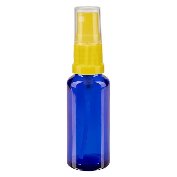 Frasco de vidrio azul de 30 ml con atomizador amarillo