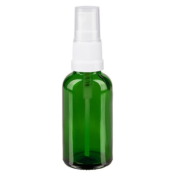 Frasco de vidrio verde de 30 ml con atomizador blanco