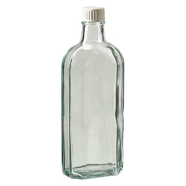 Botella meplat blanca de 250 ml con boca DIN 22, con tapón de rosca DIN 22 blanco de PP con