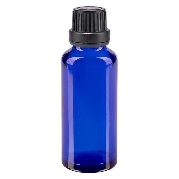 Frasco de farmacia azul, 30 ml, tapón de rosca negro, junta de estanqueidad, con precinto de originalidad