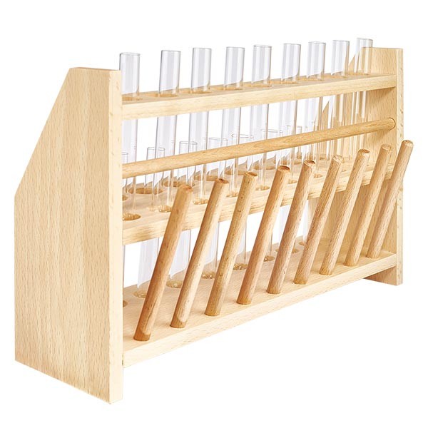 Gradilla de madera para tubos de ensayo, con 18 tubos de ensayo de vidrio de sosa y cal, 100 x 12