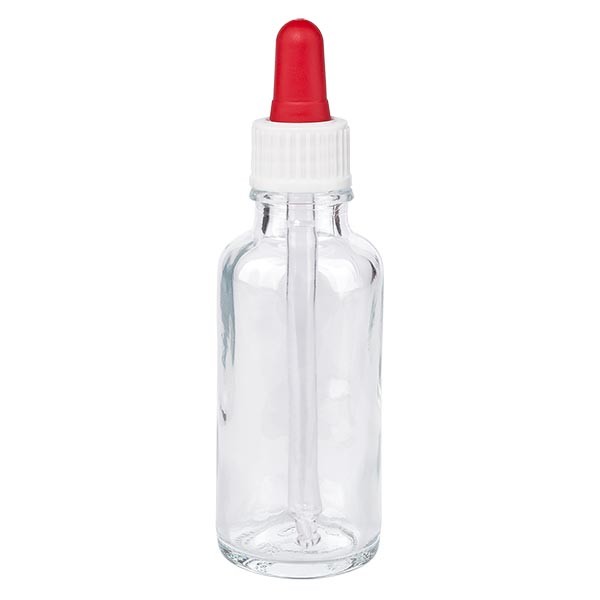 Frasco con pipeta cuentagotas transparente, 30 ml, pipeta blanca/roja, estándar