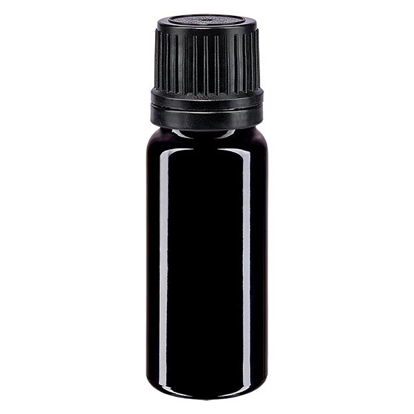 Frasco de farmacia violeta, 10 ml, tapón cuentagotas premium negro, 1 mm, con precinto de originalidad