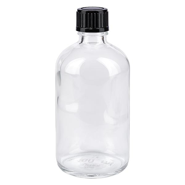 Frasco de farmacia transparente, 100 ml, tapón de rosca negro, estándar