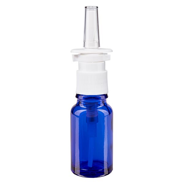 Frasco de vidrio azul de 10 ml con espray nasal blanco