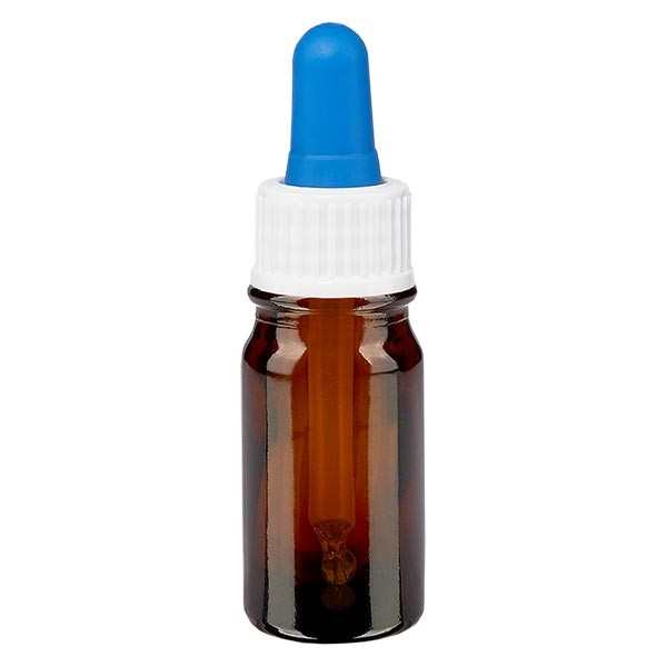 Frasco con pipeta cuentagotas, ámbar, 5 ml, pipeta blanca/azul, estándar