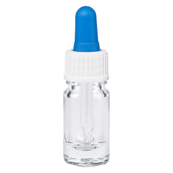 Frasco de farmacia transparente, 5 ml, pipeta blanca/azul, estándar