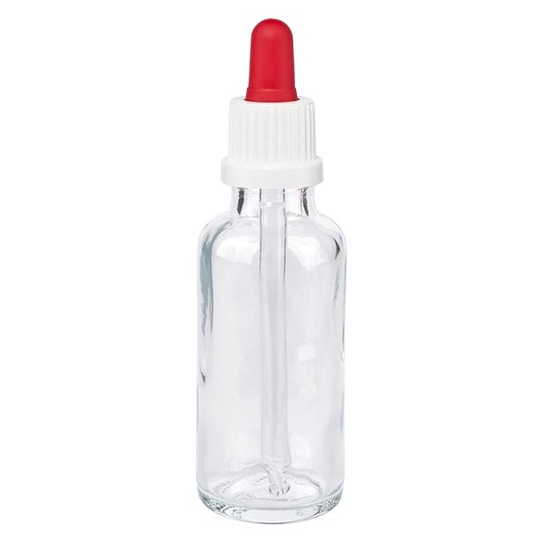 Frasco con pipeta cuentagotas transparente, 30 ml, pipeta blanca/roja, precinto de originalidad