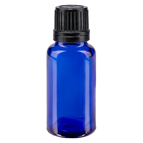 Frasco de farmacia azul, 20 ml, tapón cuentagotas premium negro, 1 mm, con precinto de originalidad