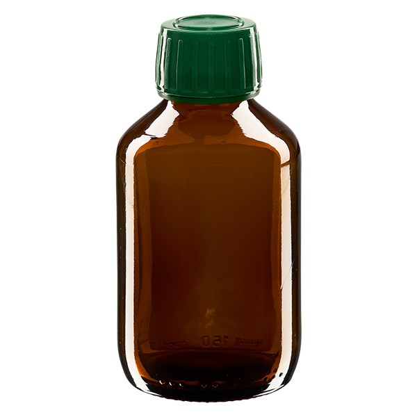 Frasco de medicina según norma europea de 150 ml ámbar con tapón de rosca verde con precinto de originalidad