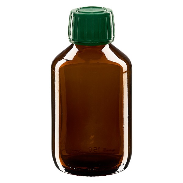 Frasco de medicina según norma europea de 150 ml ámbar con tapón de rosca verde con precinto de originalidad