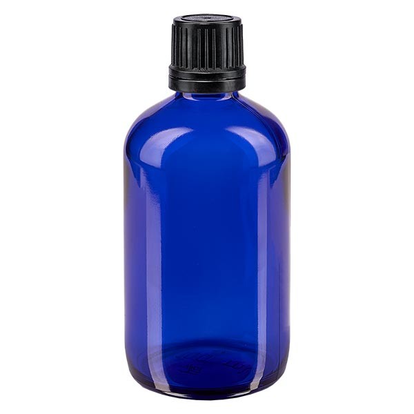 Frasco de farmacia azul, 100 ml, tapón cuentagotas negro premium, 1 mm, con precinto de originalidad