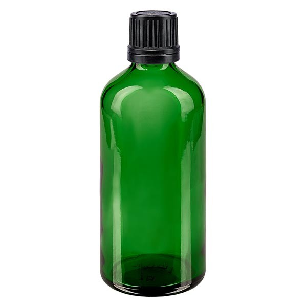 Frasco de farmacia verde, 100 ml, tapón de rosca negro, con anillo de vertido y precinto de originalidad