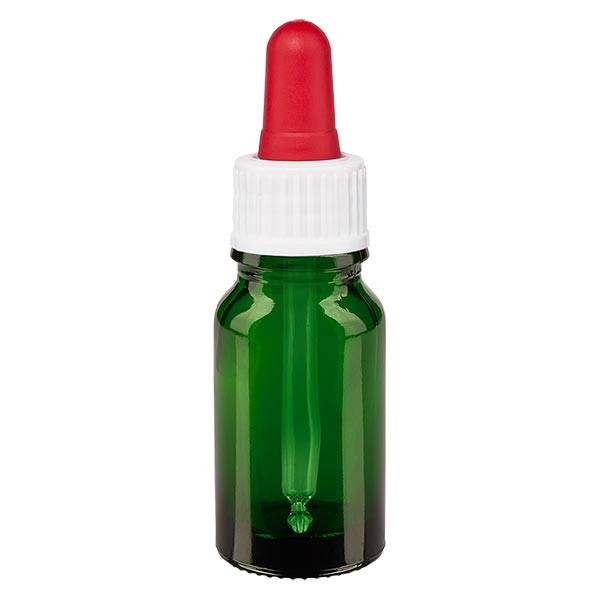 Frasco con pipeta cuentagotas verde, 10 ml, pipeta blanca/roja, estándar