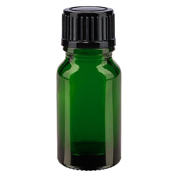 Frasco de farmacia verde, 10 ml, tapón de rosca negro, estándar