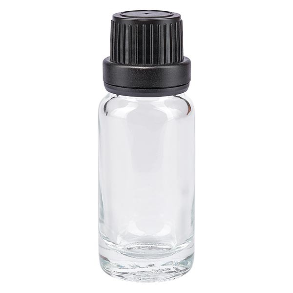 Frasco de farmacia transparente, 10 ml, tapón de rosca negro, junta de estanqueidad, con precinto de originalidad