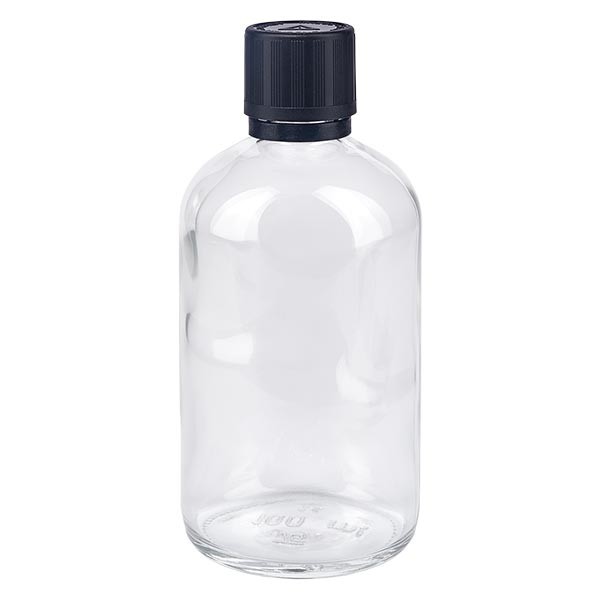 Frasco de farmacia transparente, 100 ml, tapón cuentagotas negro premium, 1 mm, con seguro para niños, señalización táctil para ciegos y precinto de originalidad