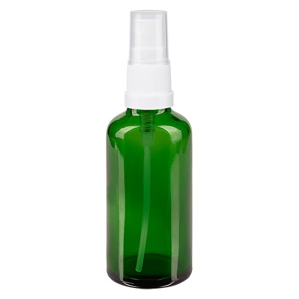 Frasco de vidrio verde de 50 ml con atomizador blanco