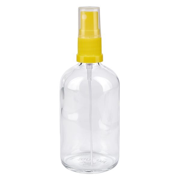 Frasco de vidrio transparente de 100 ml con atomizador amarillo