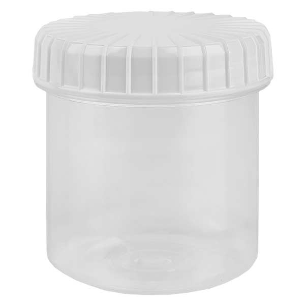 Bote de plástico, 75 ml, transparente, con tapa de rosca blanca estriada de PE, tipo de cierre estándar
