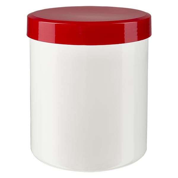 Bote para pomada de 500 g, blanco, con tapa de rosca de color rojo (PP)