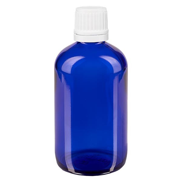 Frasco de farmacia azul, 100 ml, tapón cuentagotas blanco, 1,2 mm, con precinto de originalidad