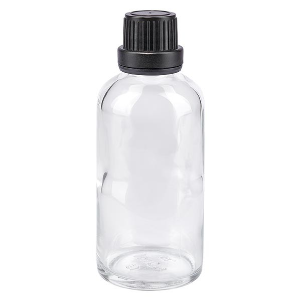 Frasco de farmacia transparente, 50 ml, tapón de rosca negro, junta de estanqueidad, con precinto de originalidad