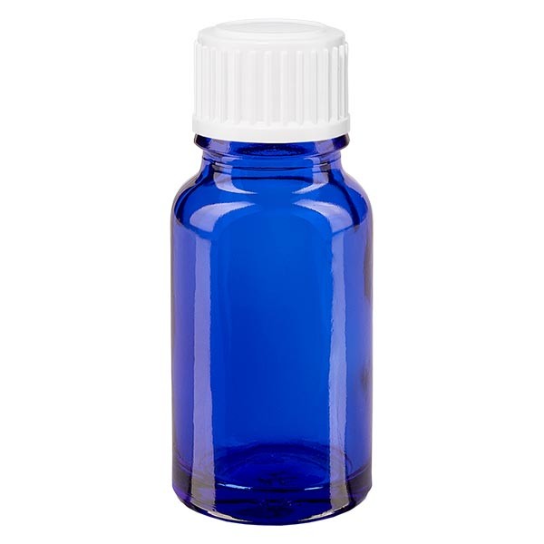 Frasco de farmacia azul, 10 ml, tapón de rosca blanco, glóbulos, estándar