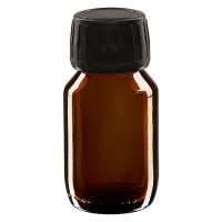 Frasco de medicina según norma europea de 50 ml, ámbar, con tapón negro Frasco de medicina según norma europea de 50 ml, ámbar, con tapón negro