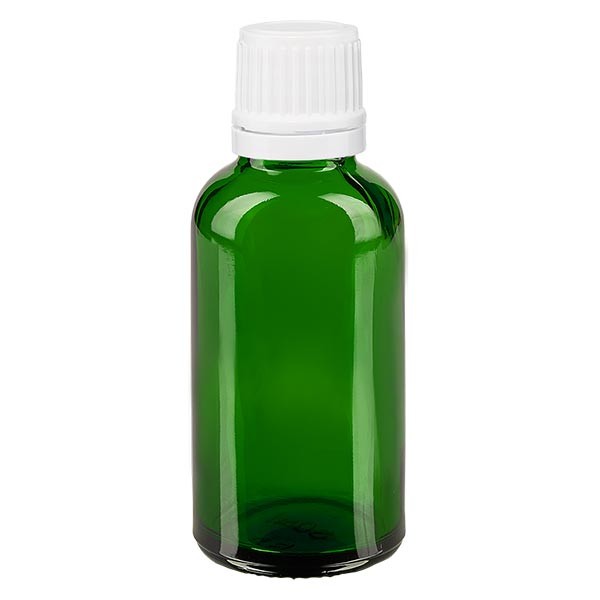 Frasco de farmacia verde, 30 ml, tapón cuentagotas blanco, 1,2 mm, con precinto de originalidad