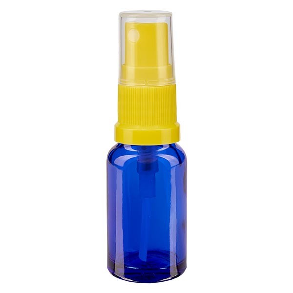 Frasco de vidrio azul de 10 ml con atomizador amarillo