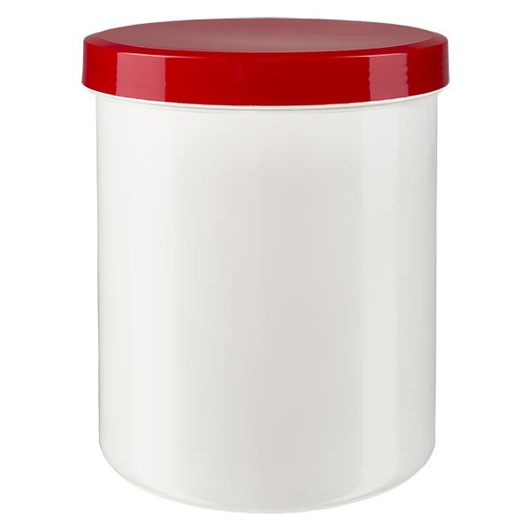 Bote para pomada de 1000 g, blanco, con tapa de rosca de color rojo (PP)