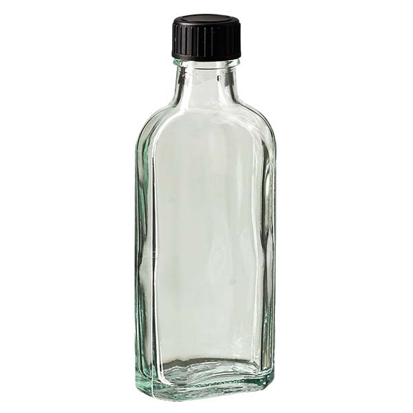 Botella meplat blanca de 100 ml con boca DIN 22, con tapón de rosca DIN 22 negro de LKD