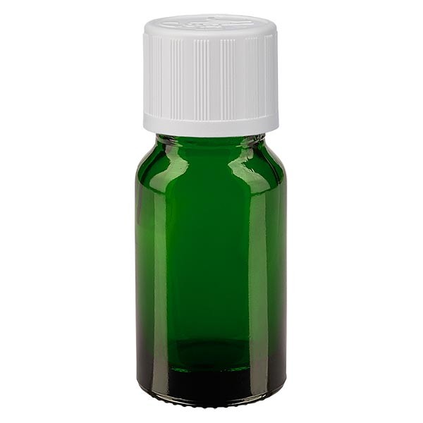 Frasco de farmacia verde, 10 ml, tapón cuentagotas blanco, con seguro para niños, estándar