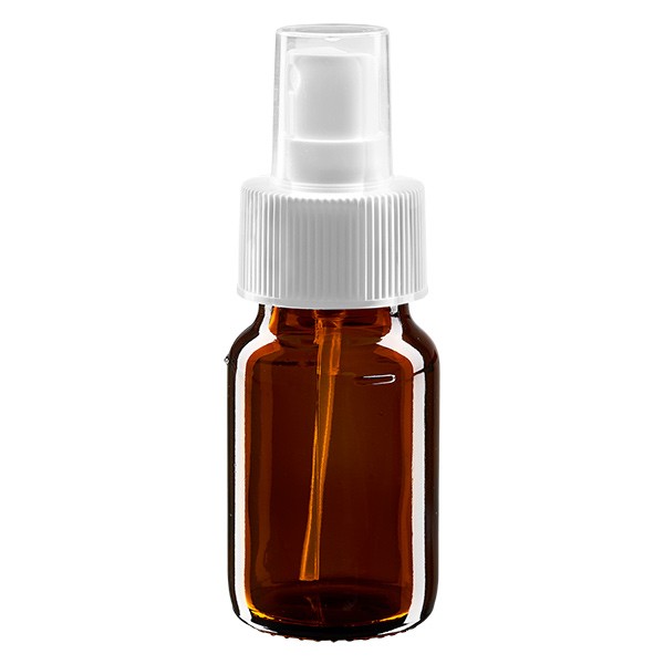 Frasco de medicina según norma europea de 30 ml, ámbar, con atomizador blanco y capuchón transparente