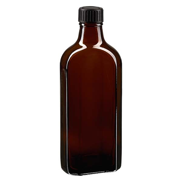 Botella meplat ámbar de 200 ml con boca DIN 22, con tapón de rosca DIN 22 negro de LKD