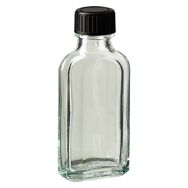 Botella meplat transparente de 50 ml con boca DIN 22, con tapón de rosca DIN 22 negro de PEE (