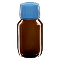 Frasco de medicina según norma europea de 50 ml, ámbar, con tapón azul Frasco de medicina según norma europea de 50 ml, ámbar, con tapón azul