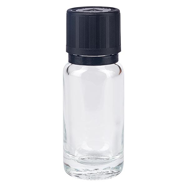 Frasco de farmacia transparente, 10 ml, tapón cuentagotas premium negro, 1 mm, con seguro para niños, señalización táctil para ciegos y precinto de originalidad