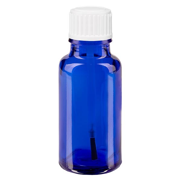 Frasco de farmacia azul, 20 ml, tapón de rosca blanco, con pincel y precinto de originalidad