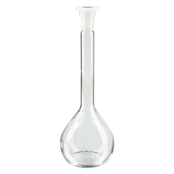 Matraz aforado de 200 ml con esmerilado normalizado 14/23, borosilicato, con tapón de PEAD