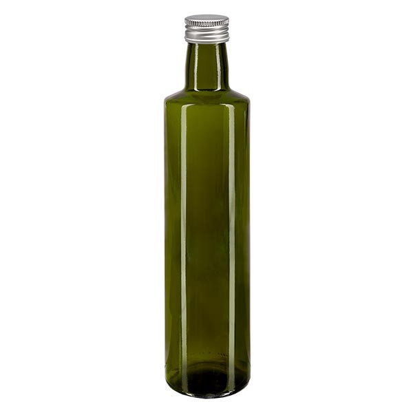 Botella de aceite, 500 ml, redonda, verde, incluye tapón de rosca plateado de aluminio (PP, 31,5 mm)