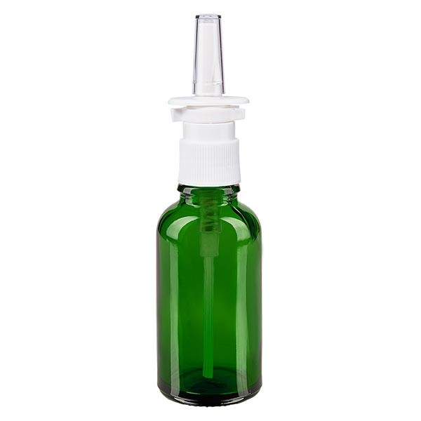 Frasco de vidrio verde de 30 ml con espray nasal blanco
