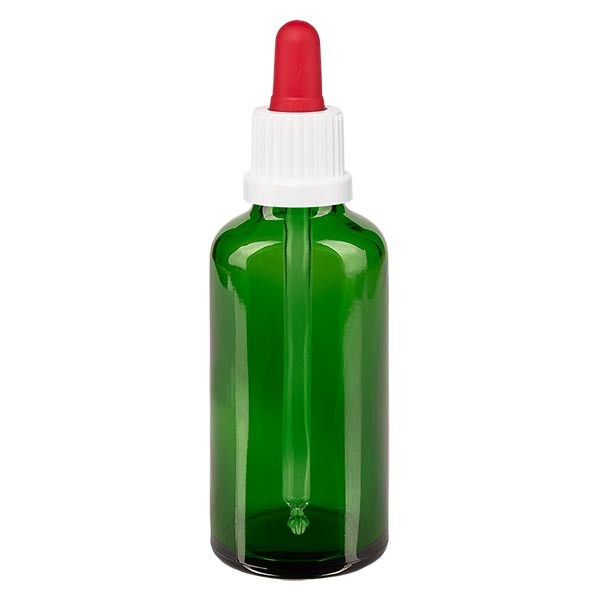 Frasco con pipeta cuentagotas verde, 50 ml, pipeta blanca/roja, precinto de originalidad