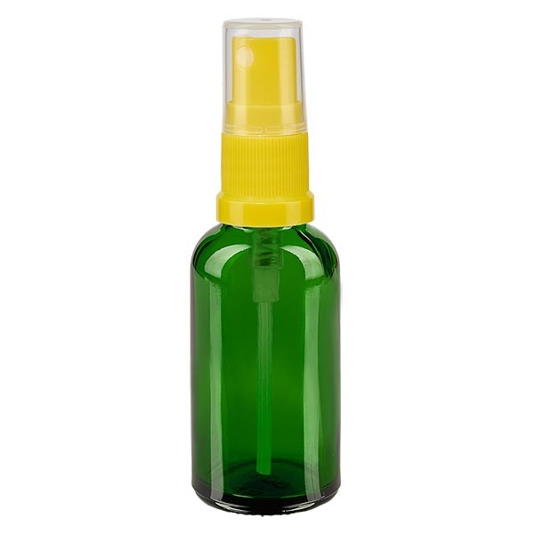 Frasco de vidrio verde de 30 ml con atomizador amarillo