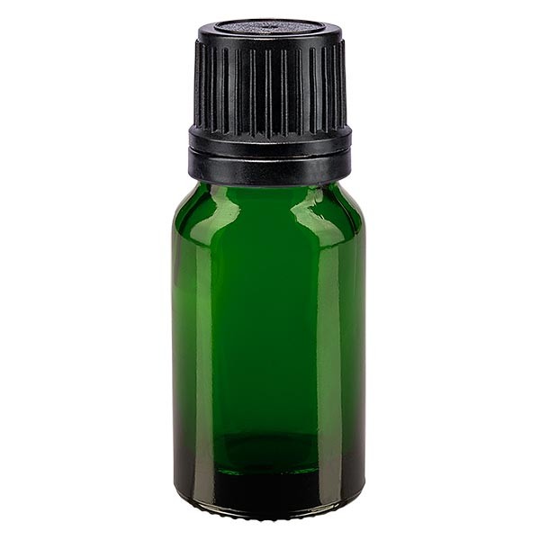 Frasco de farmacia verde, 10 ml, tapón de rosca negro, anillo de vertido y precinto de originalidad
